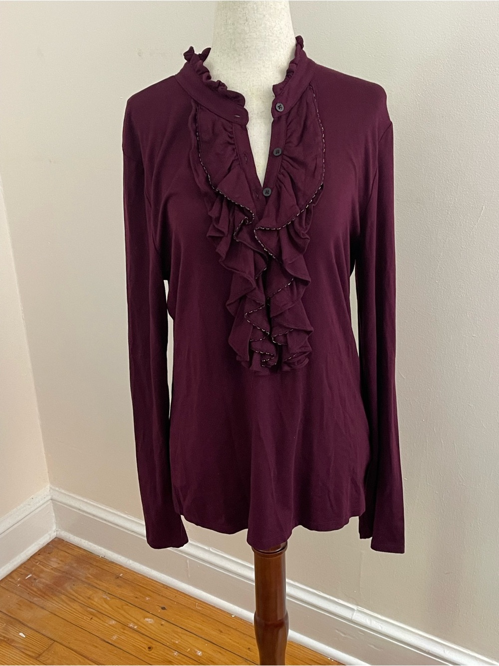 Lauren Ralph Lauren L Burgundy Beaded Ruffle Henley Top Stretch Knit